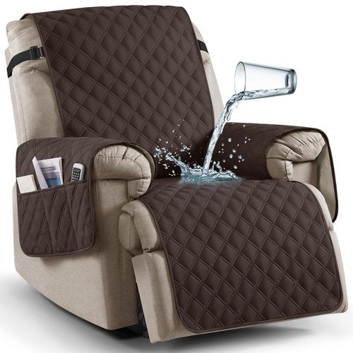 Ruaozz 100% Waterproof Recliner Chair Covers, Non-Slip Reclining Covers for Recliner Chair Washable Chair Cover, Recliner Covers with Pockets for Kids, Dogs, Pets (Chocolate, 23'')