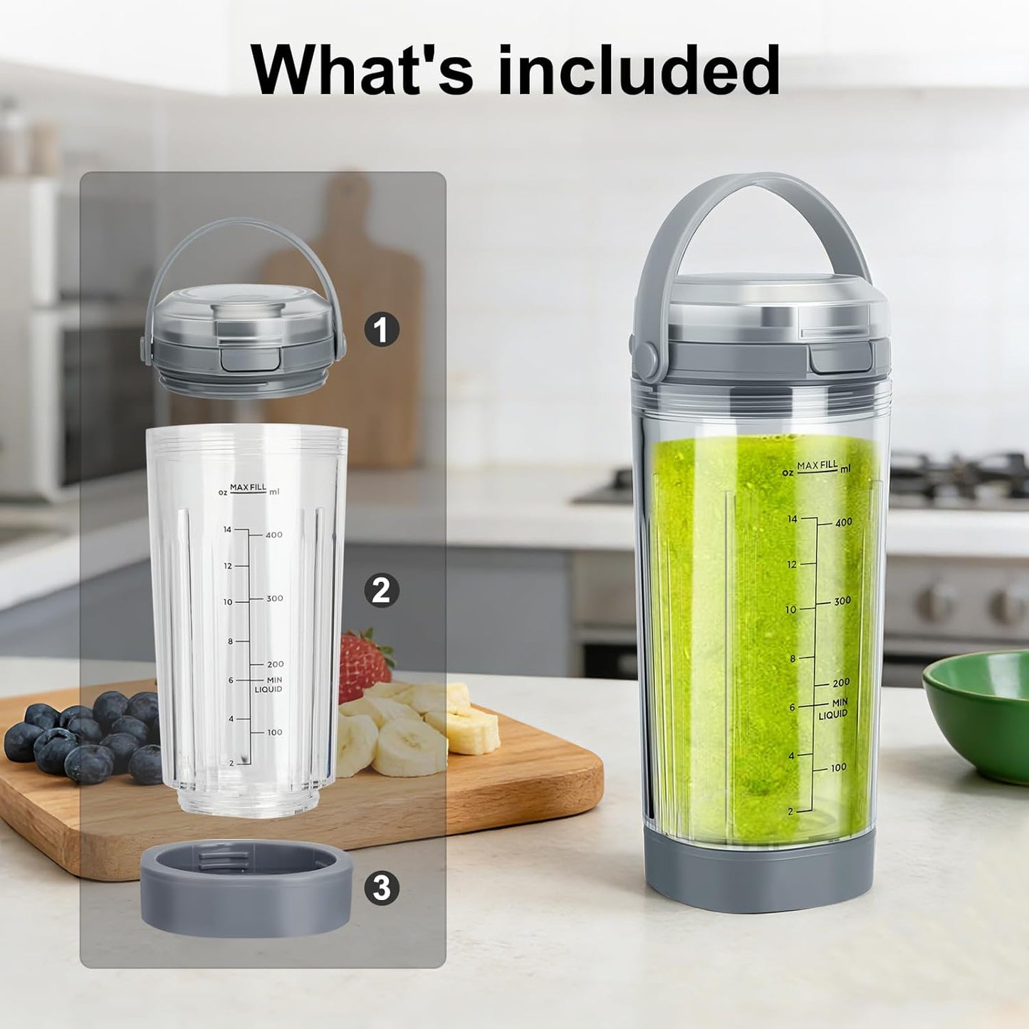 Ninja Blast Accessories - 3-Piece Replacement Parts Set for 18oz Blender Cup, Cap & Sip Lid | Grey