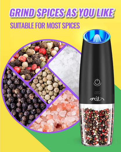 Rongyuxuan Upgraded Rechargeable Gravity Electric Salt and Pepper Grinder Set with LED lights,Stainless Steel Automatic Pepper or Salt Grinder Mill Shaker Refillable with Adjustable Coarseness,Black