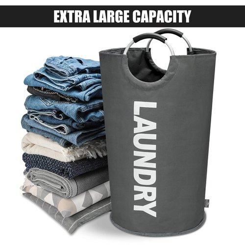 DOKEHOM 82L Large Laundry Basket, Collapsible Laundry Bag, Freestanding Tall Clothes Hamper, Foldable Washing Bin (Dark Grey)