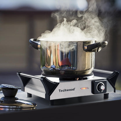Techwood Single Burner Hot Plate - 1500W Electric Stove with Adjustable Temperature & Stay Cool Handles | 7.3" Cooktop in Silver for RV/Home