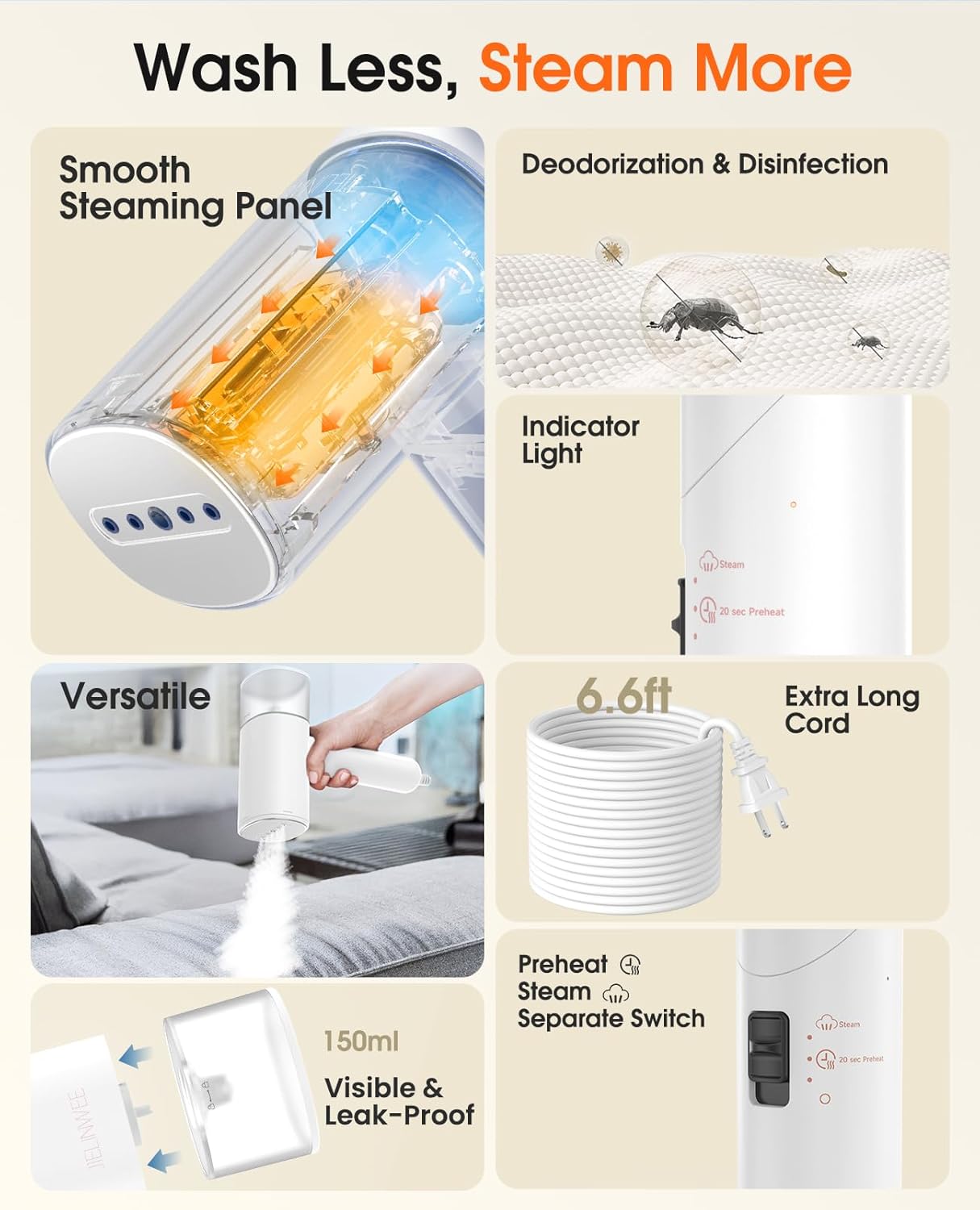 Skiennix Handheld Clothes Steamer - 1200W Portable Travel Iron with 20 Sec Preheat, 150ml Tank | White
