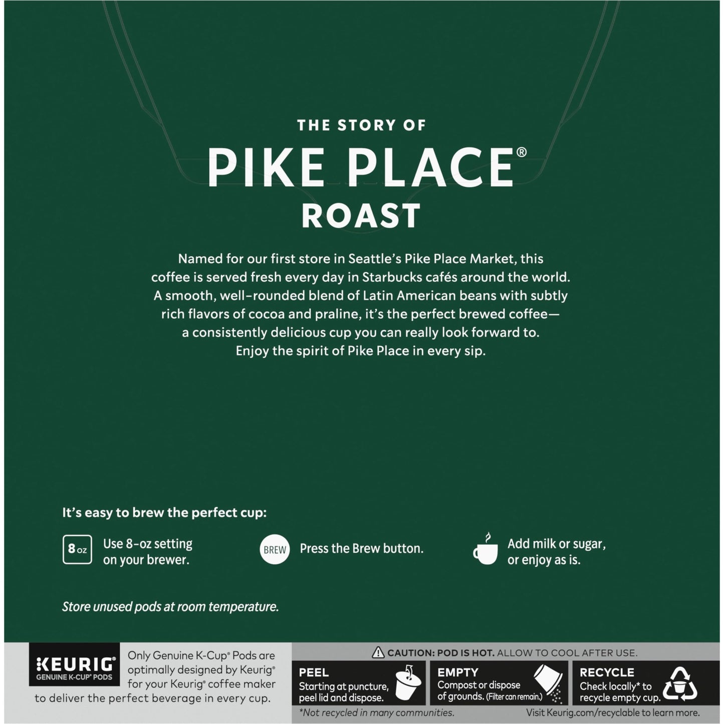 Starbucks K-Cup Coffee Pods, Medium Roast Hot or Iced Coffee, Pike Place Roast, 32 Keurig Pods