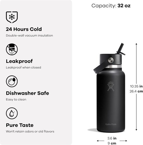 Hydro Flask Water Bottle - Insulated Stainless Steel | 32 Oz Wide Mouth with Flex Straw Lid - Leakproof & Refillable in Tonal Black