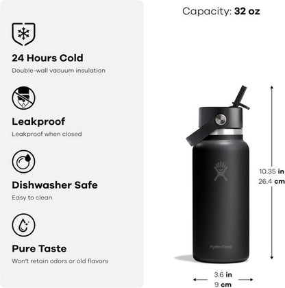 Hydro Flask Water Bottle - Insulated Stainless Steel | 32 Oz Wide Mouth with Flex Straw Lid - Leakproof & Refillable in Tonal Black