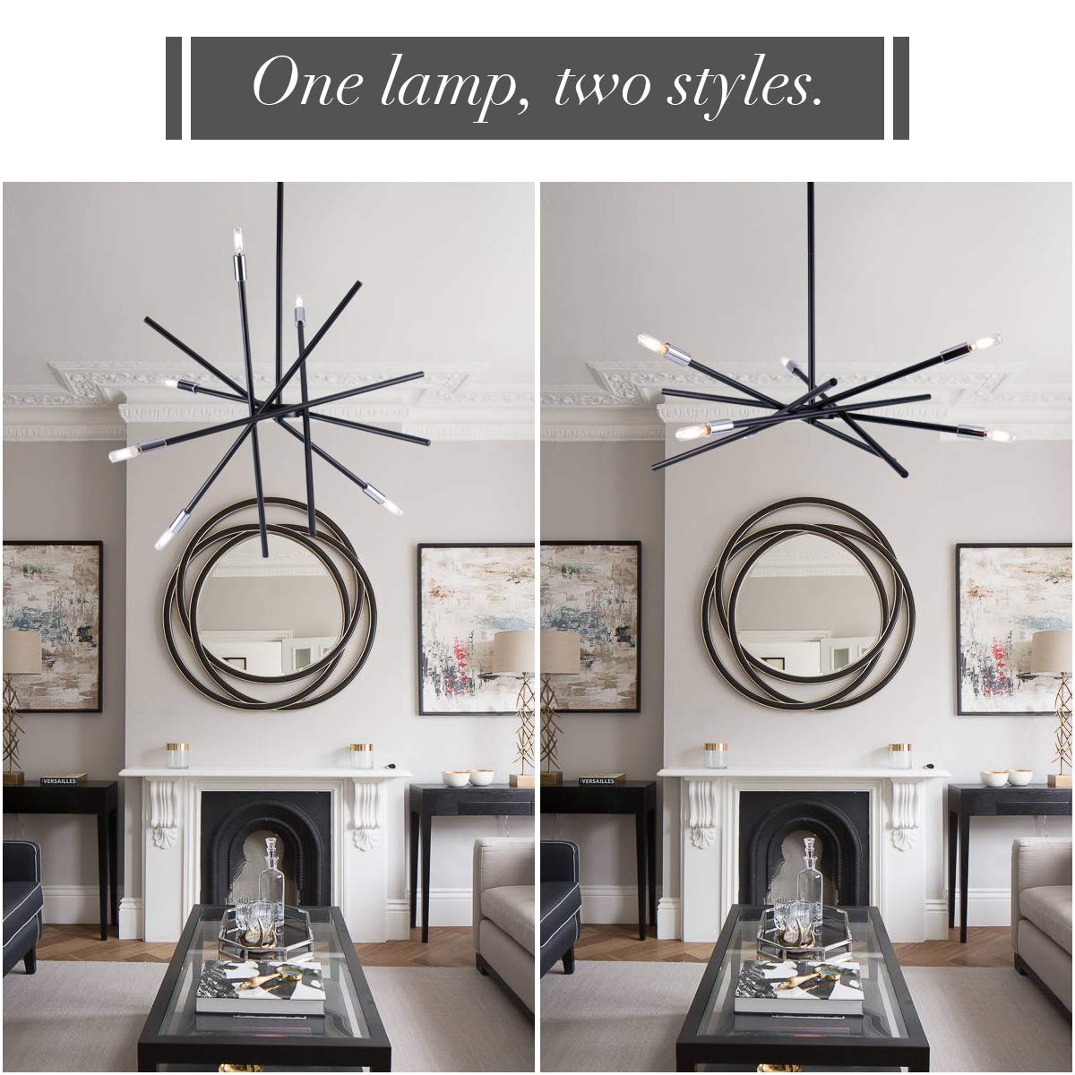 VILUXY Modern Sputnik Chandelier 6 Lights Black Linear Ceiling Pendant Light Fixture Mid Century Hanging Chandelier for Dining Room Living Room Foyer Staircase 31.5 inches