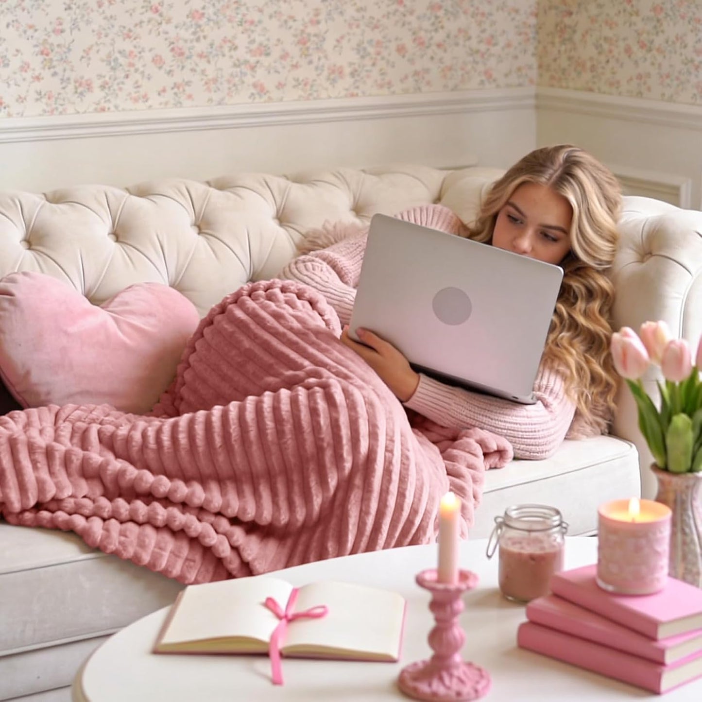 BEDELITE Fleece Throw Blanket - Soft & Warm 3D Ribbed Jacquard Design | Cozy Pink 50x60 Inches