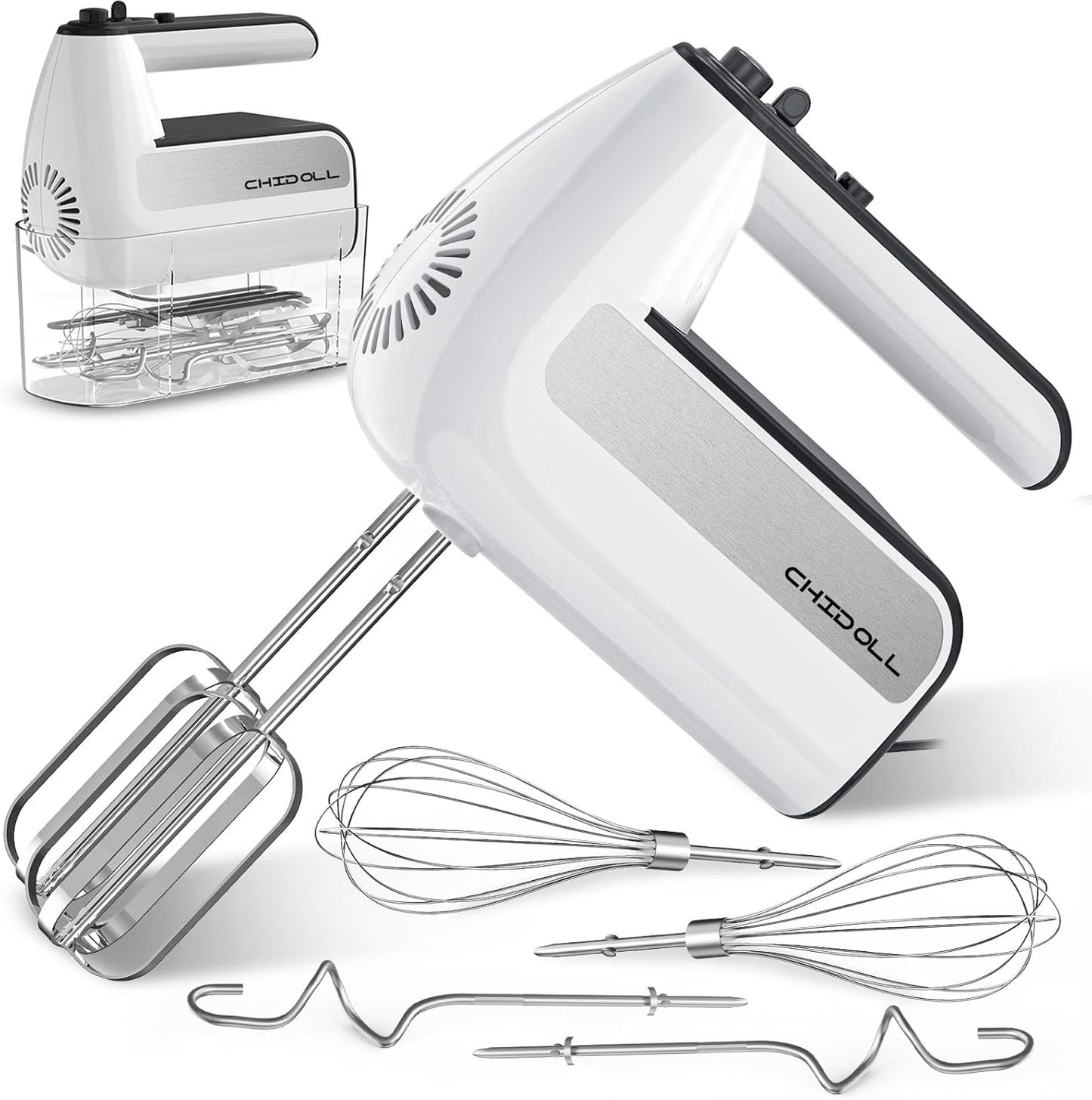 Skiennix 5-Speed Electric Hand Mixer - 800W Handheld Mixer with Turbo & 6 Stainless Steel Attachments | White