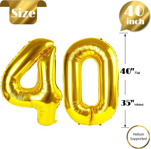 Gold Number 40 Balloon - 40 Inch Giant Foil Balloon for 40th Birthday Party Decorations