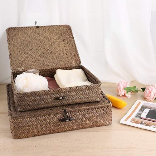 Hipiwe Wicker Storage Bins - Set of 2 Natural Seagrass Baskets with Lids for Home Organization | Coffee Color