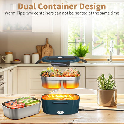Vingud Electric Lunch Box - Heated Portable Food Warmer for Car/Truck | Dual 1.5L Stainless Steel Containers