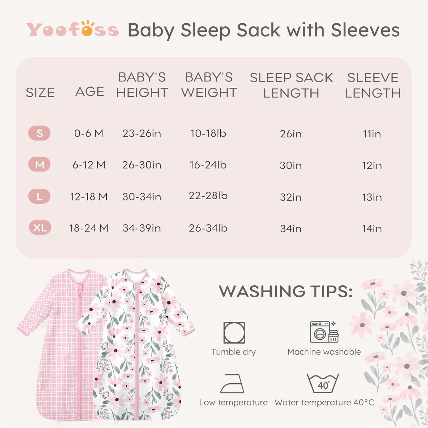 Yoofoss Baby Sleep Sack - 100% Cotton Long Sleeve Wearable Blanket for Infants 6-12 Months | 2-Way Zipper, 0.5 Tog