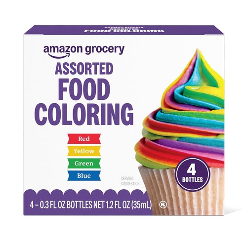 Assorted Food Coloring Set by Amazon Grocery - Red, Blue, Green, Yellow Bottles | 1.2 Fl Oz Each