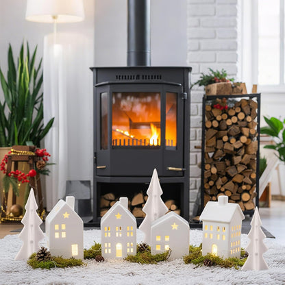 Newtay Ceramic Christmas Village Set - 7 Pcs LED Light-Up White Houses & Xmas Trees for Rustic Holiday Decor