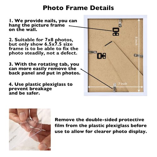 JCJMY 7x8 Picture Frame White for Wall Hanging or Tabletop, Wall Mounting Horizontally or Vertically, 7 x 8 Wall Gallery Poster Photo Frame with Shatter Resistant Plexiglass, White