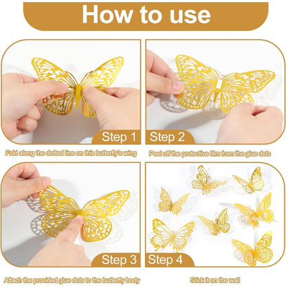 Pymin Butterfly Wall Decor 12 PCS, 3D Butterflies Stickers for Party Decorations with Magnets (Gold, 12)