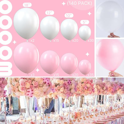 PartyWoo Pink and White Balloons - 140-Piece Pastel Balloon Set for Birthday Decorations | 18", 12", 10", 5" Sizes