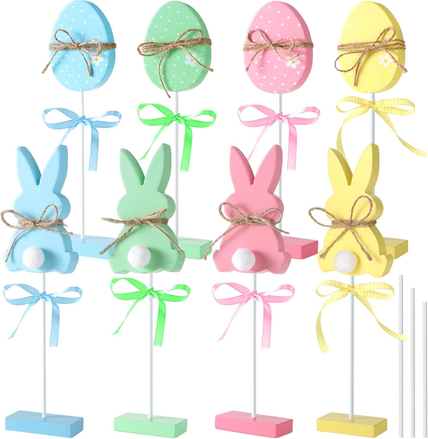 Wooden Bunny & Egg Peeps Signs by Easter Decor | 8 PCS with Hemp Rope Ribbon for Home Decor