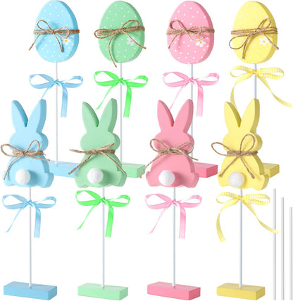 Wooden Bunny & Egg Peeps Signs by Easter Decor | 8 PCS with Hemp Rope Ribbon for Home Decor