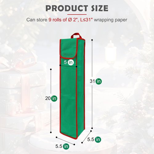 Gift Wrapping Paper Organizer by Skiennix - Storage Bag with Pockets & Handles | 29" x 5.5" x 5.5", Green