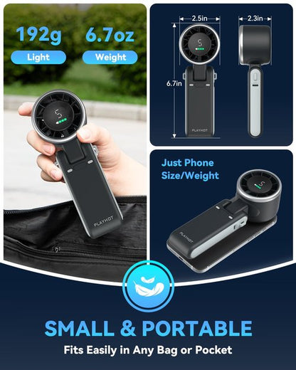 PlayHot Portable Handheld Turbo Fan, 5 Gear Wind, Battery Operated, Up to 12 Working Hours, 3 IN 1 Hand Fans with Air Turbo Tech Cooling Fan for Outdoor Activities, Travel, Beach (Black)