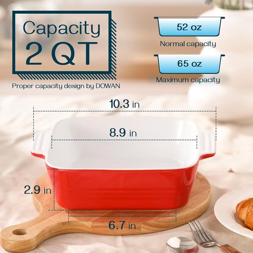 DOWAN 8x8 Ceramic Baking Dish - Versatile Square Casserole Pan for Brownies & Lasagna | 2 Quart, Red