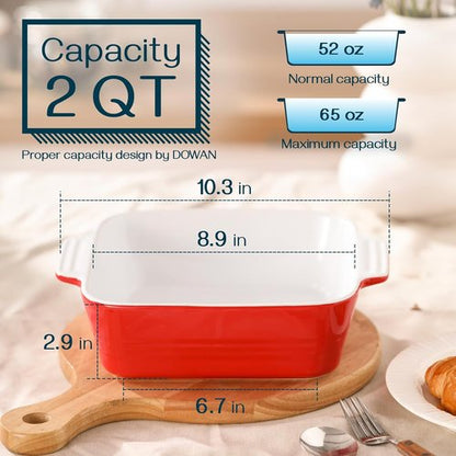 DOWAN 8x8 Ceramic Baking Dish - Versatile Square Casserole Pan for Brownies & Lasagna | 2 Quart, Red