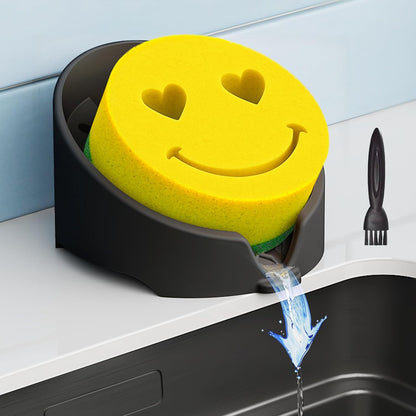 NiHome Silicone Sponge Holder - Auto Draining Organizer for Scrub Daddy & Cleaning Tools | Food-Grade, Dishwasher Safe (Black)
