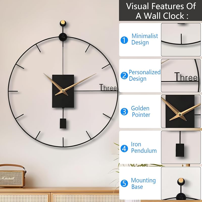 Large Wall Clock Living Room Decor 23"Modern Wall Clock with Swing Pendulum