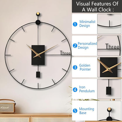 Large Wall Clock Living Room Decor 23"Modern Wall Clock with Swing Pendulum