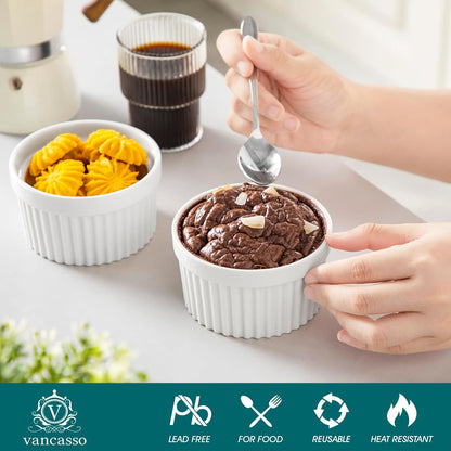 Vancasso 10 Oz Ramekins - Porcelain Creme Brulee Souffle Dishes with Lids | Set of 6, Oven & Dishwasher Safe