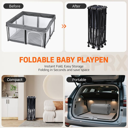Skiennix Foldable Baby Playpen - 50" x 50" Collapsible Playard for Indoor & Outdoor Use | Portable with Mat & 30 Ocean Balls