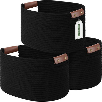 ECDYQXVU Cotton Rope Basket - Woven Storage Baskets with Handles | 15x10x9 Inch | Black (3-Pack)