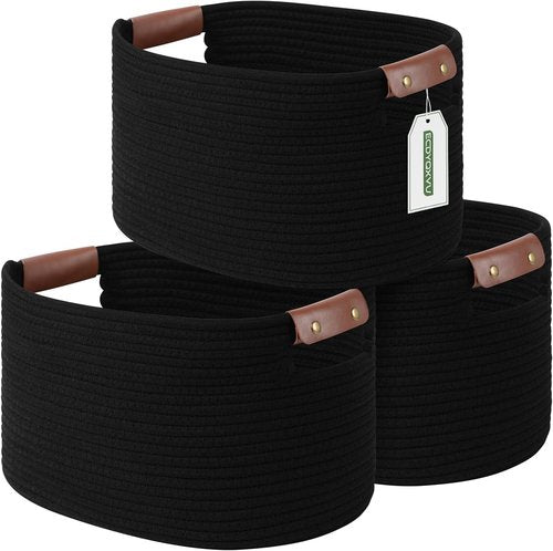 ECDYQXVU Cotton Rope Basket - Woven Storage Baskets with Handles | 15x10x9 Inch | Black (3-Pack)