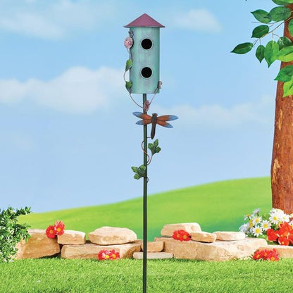 BAYN 57” Metal Birdhouse Stake - Double-Hole Wild Bird Feeder with Cylinders Design for Outdoor Decor