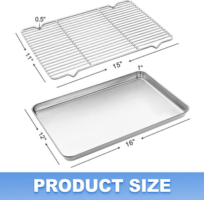 Skiennix Baking Sheet Set - Stainless Steel Cookie Sheet with Cooling Rack | Non-Stick, Dishwasher Safe, 16 x 12 x 1 Inch