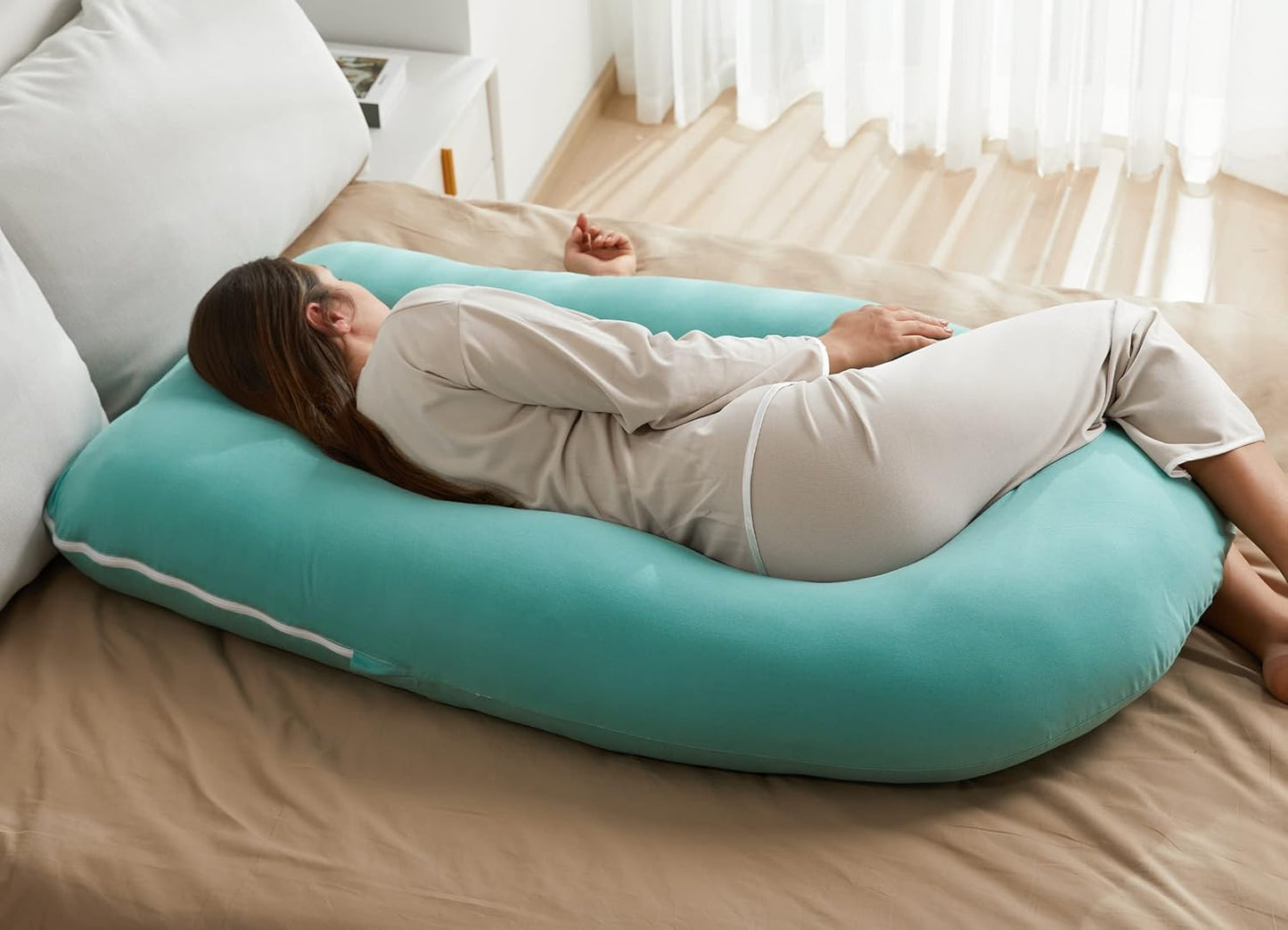 Momcozy U-Shaped Pregnancy Pillow - 57 Inch Full Body Maternity Support with Cotton Cover | Tiffany Blue