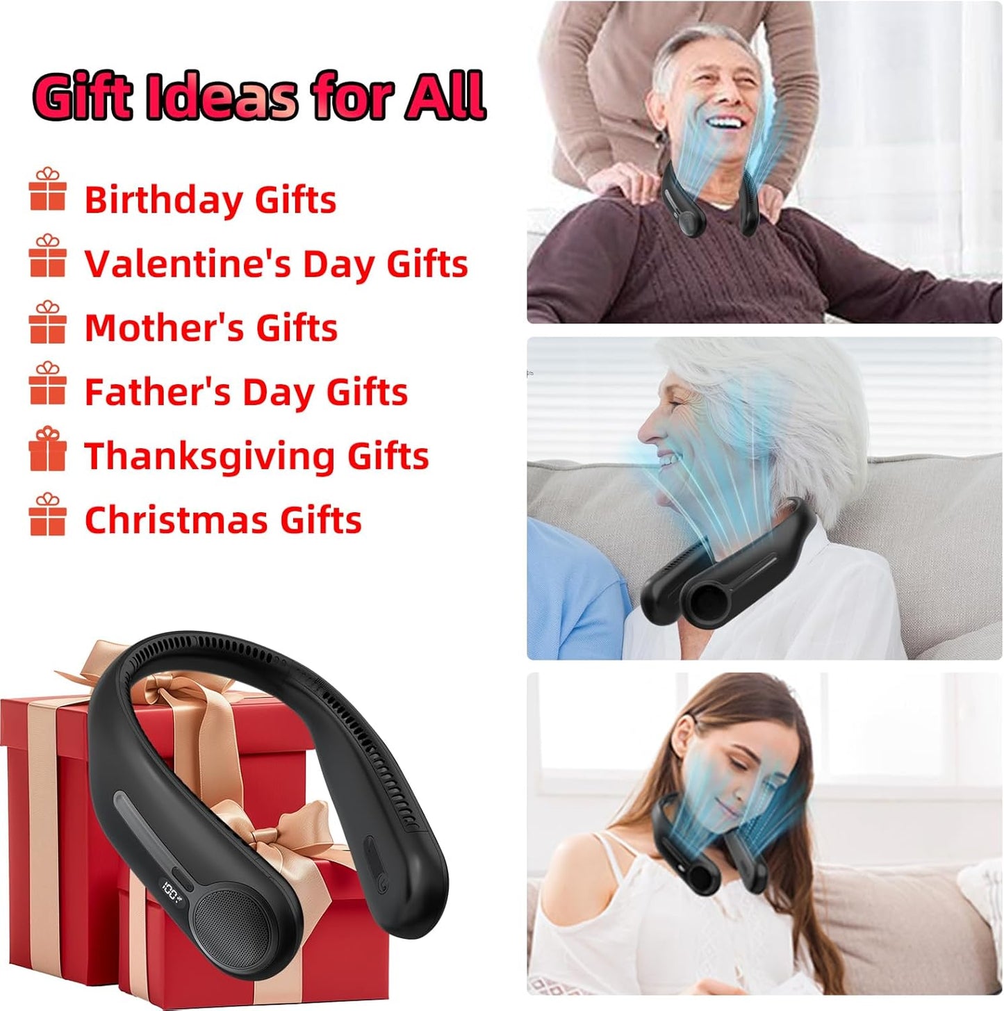 Skiennix Portable Neck Fan - Hands-Free Bladeless Design with 360° Cooling & LED Display - USB Rechargeable, 6000mAh Battery (Black)