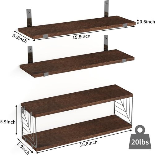 Fixwal Floating Bathroom Shelves - Rustic 15.8in Wood Wall Decor for Bathroom, Living Room & Kitchen | Dark Brown