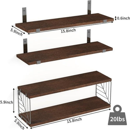 Fixwal Floating Bathroom Shelves - Rustic 15.8in Wood Wall Decor for Bathroom, Living Room & Kitchen | Dark Brown