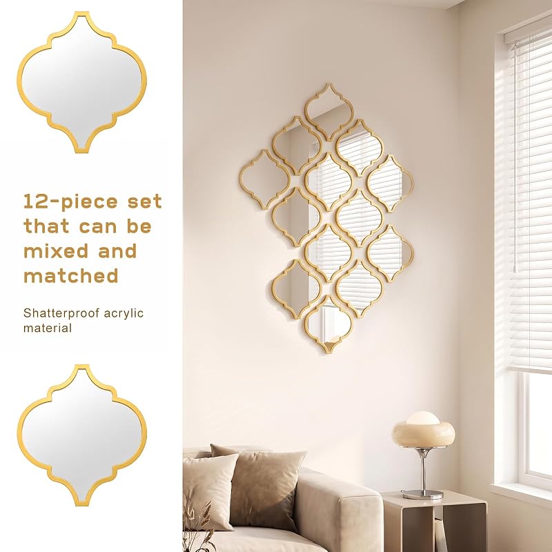 12-Piece Acrylic Mirror Tile Set for Wall Decor - Self-Adhesive Gold Diamonds