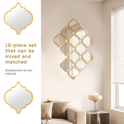12-Piece Acrylic Mirror Tile Set for Wall Decor - Self-Adhesive Gold Diamonds
