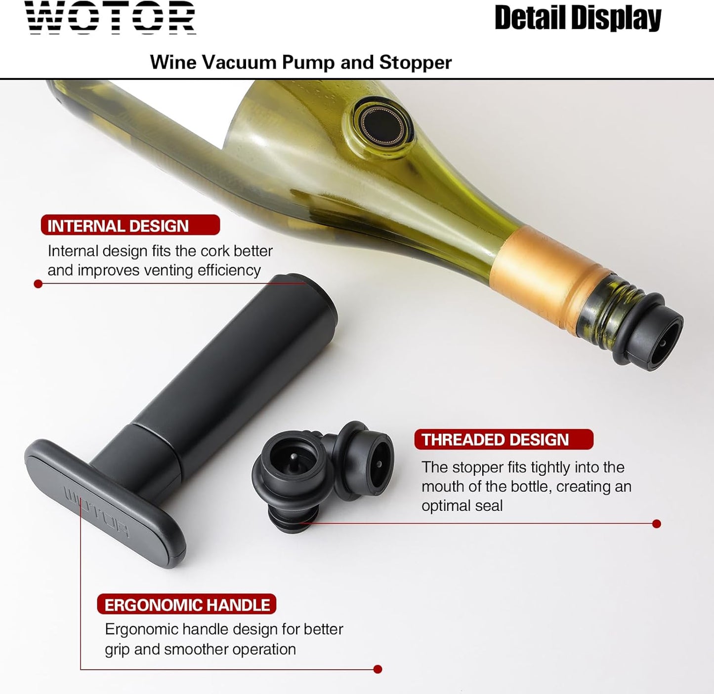 WOTOR Wine Saver Vacuum Pump with 4 Stoppers, Wine Stopper, Wine Preserver, Reusable Bottle Sealer Keeps Wine Fresh, Ideal Wine Accessories Gift