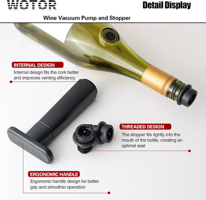 WOTOR Wine Saver Vacuum Pump with 4 Stoppers, Wine Stopper, Wine Preserver, Reusable Bottle Sealer Keeps Wine Fresh, Ideal Wine Accessories Gift