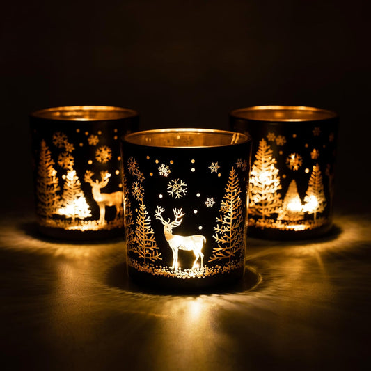 Skiennix Votive Candle Holders - Black & Gold Glass Tealight Set of 3 | Christmas Elk & Snowflake Design