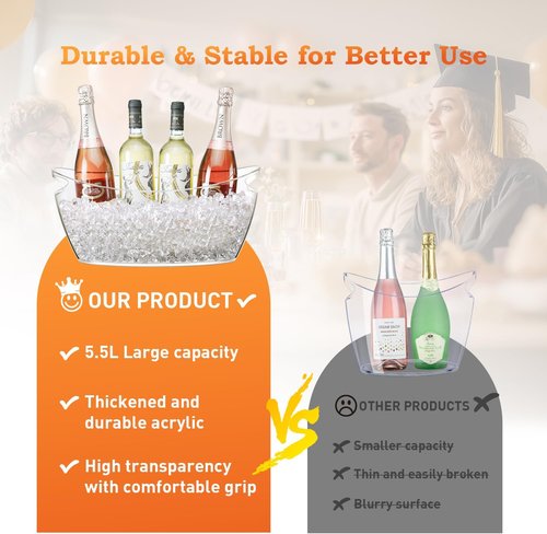 Ice Bucket for Parties, 2PCS Clear Acrylic Drink Buckets with Scoop & Metal Wine Bottle Opener, 5.5L Large Champagne Bucket Tub for Wine, Beer, Cocktail Bar & Mimosa Bar Supplies Cooler