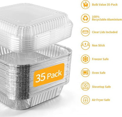 GrillChef 35-Pack Aluminum Foil Baking Cake Pans - Disposable Square Trays with Lids & Spoons