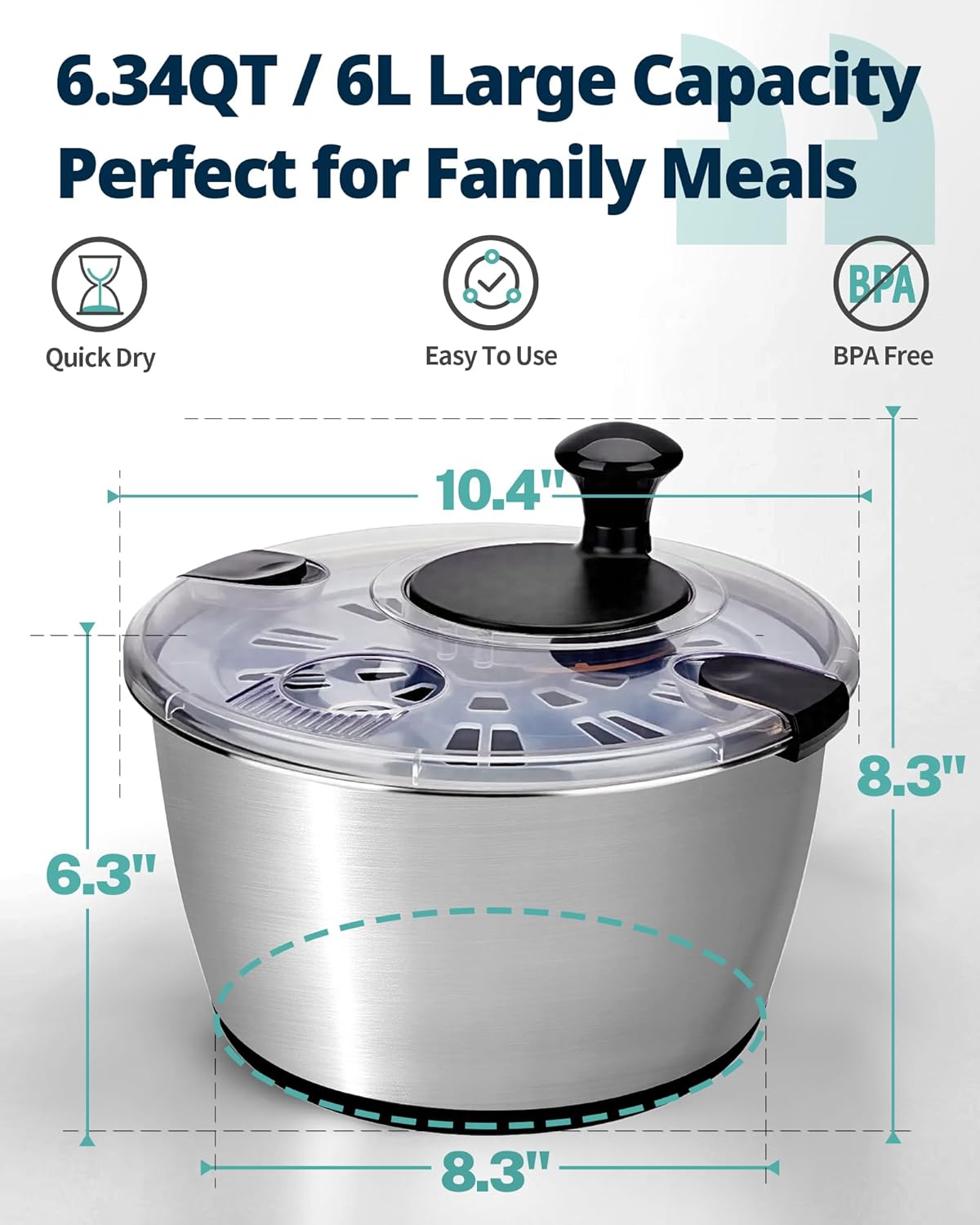 Stainless Steel Salad Spinner - 6.34Qt Large Lettuce Dryer | BPA-Free Vegetable & Fruit Washer