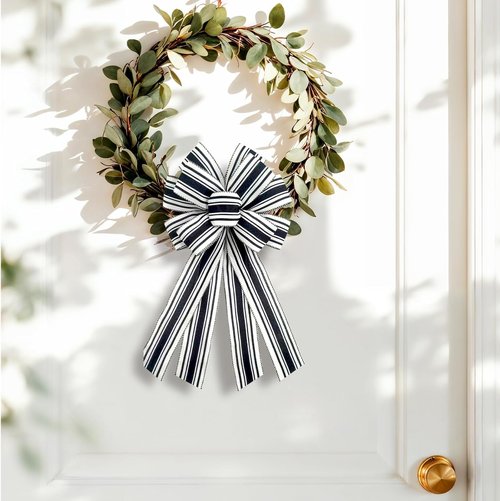 Christmas Black Burlap Wreath Bow - 20 x 11 Inches | Farmhouse Black & White Stripes for Front Door Decor