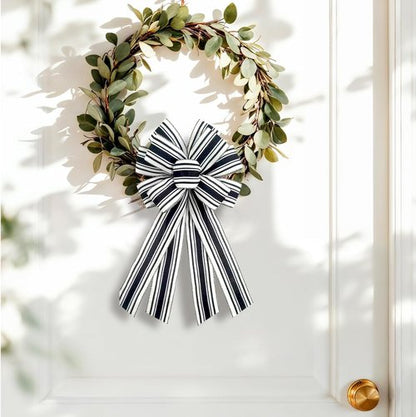 Christmas Black Burlap Wreath Bow - 20 x 11 Inches | Farmhouse Black & White Stripes for Front Door Decor